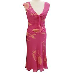 Jones New York Women's Cinched Waist V Neck Silk Dress Sleeveless Pink Size 8
